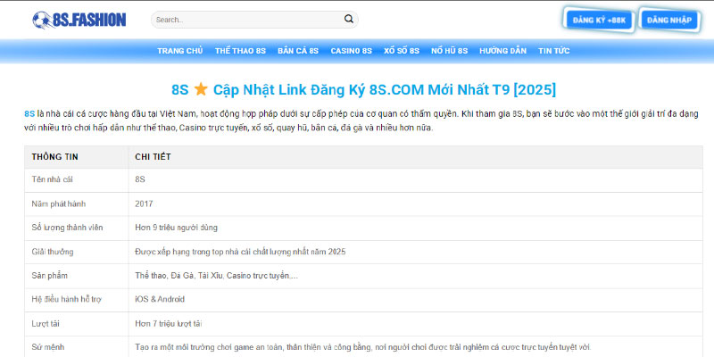 Giao diện đăng ký, đăng nhập 8s.com chính thức